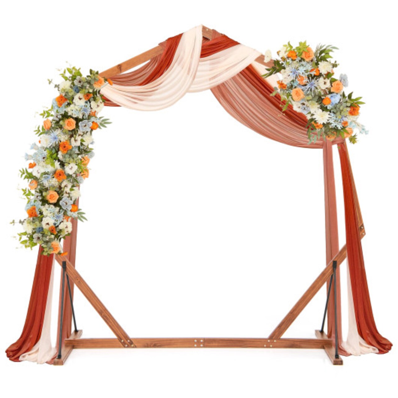 Rustic Brown Wooden Wedding Arch with Fir Wood Frame and Metal Stakes for Outdoor Events